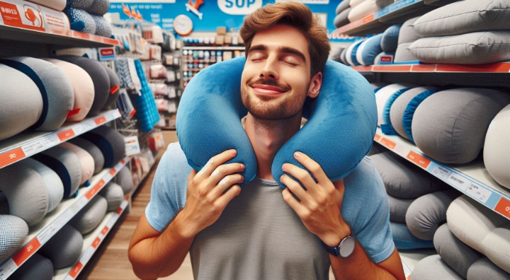 A man testing his travel pillow 