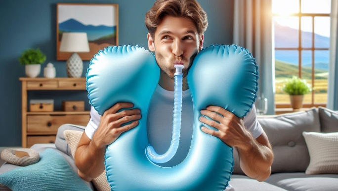 A man inflating his travel pillow 